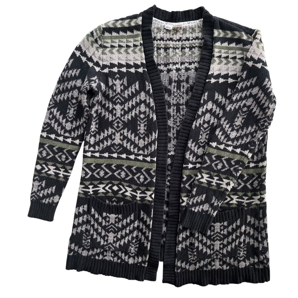 Roxy XS/S Black Green Gray Aztec Boho Geometric Knit Open Front Cardigan Sweater